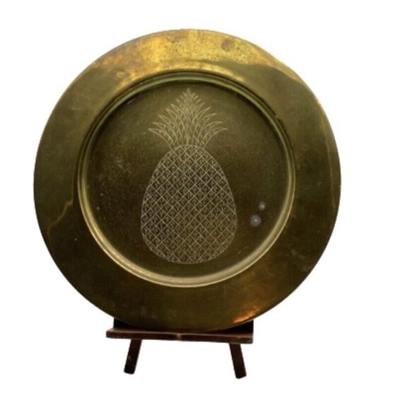 Vintage Brass Table Tray Plate 13” Etched Pineapple‎ Round Wall Hanging Decor - Picture 1 of 10